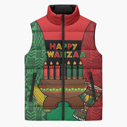 Personalized Happy Kwanzaa Sleeveless Puffer Jacket Kinara With Kente Pattern