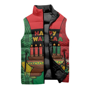 Personalized Happy Kwanzaa Sleeveless Puffer Jacket Kinara With Kente Pattern