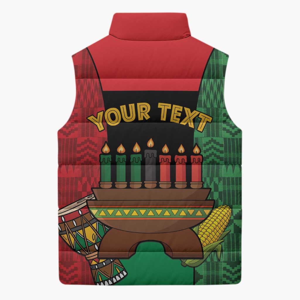 Personalized Happy Kwanzaa Sleeveless Puffer Jacket Kinara With Kente Pattern