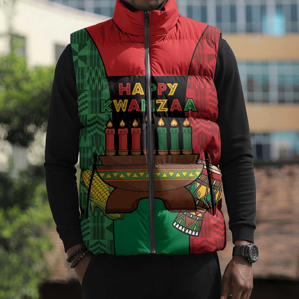 Personalized Happy Kwanzaa Sleeveless Puffer Jacket Kinara With Kente Pattern
