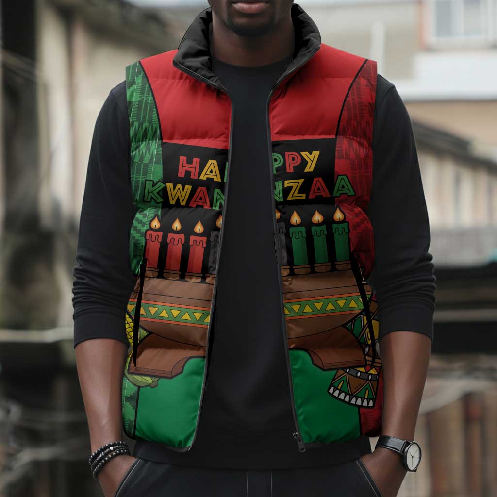 Personalized Happy Kwanzaa Sleeveless Puffer Jacket Kinara With Kente Pattern