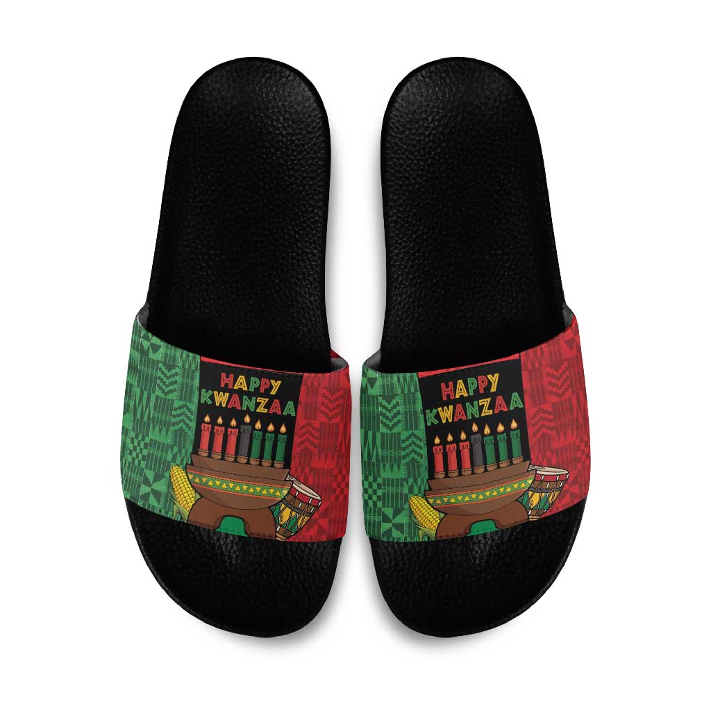 Happy Kwanzaa Slide Sandals Kinara With Kente Pattern