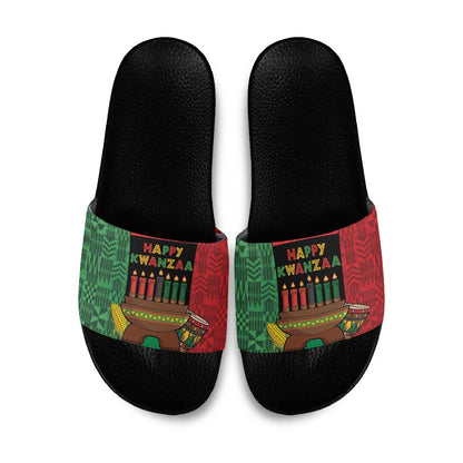 Happy Kwanzaa Slide Sandals Kinara With Kente Pattern