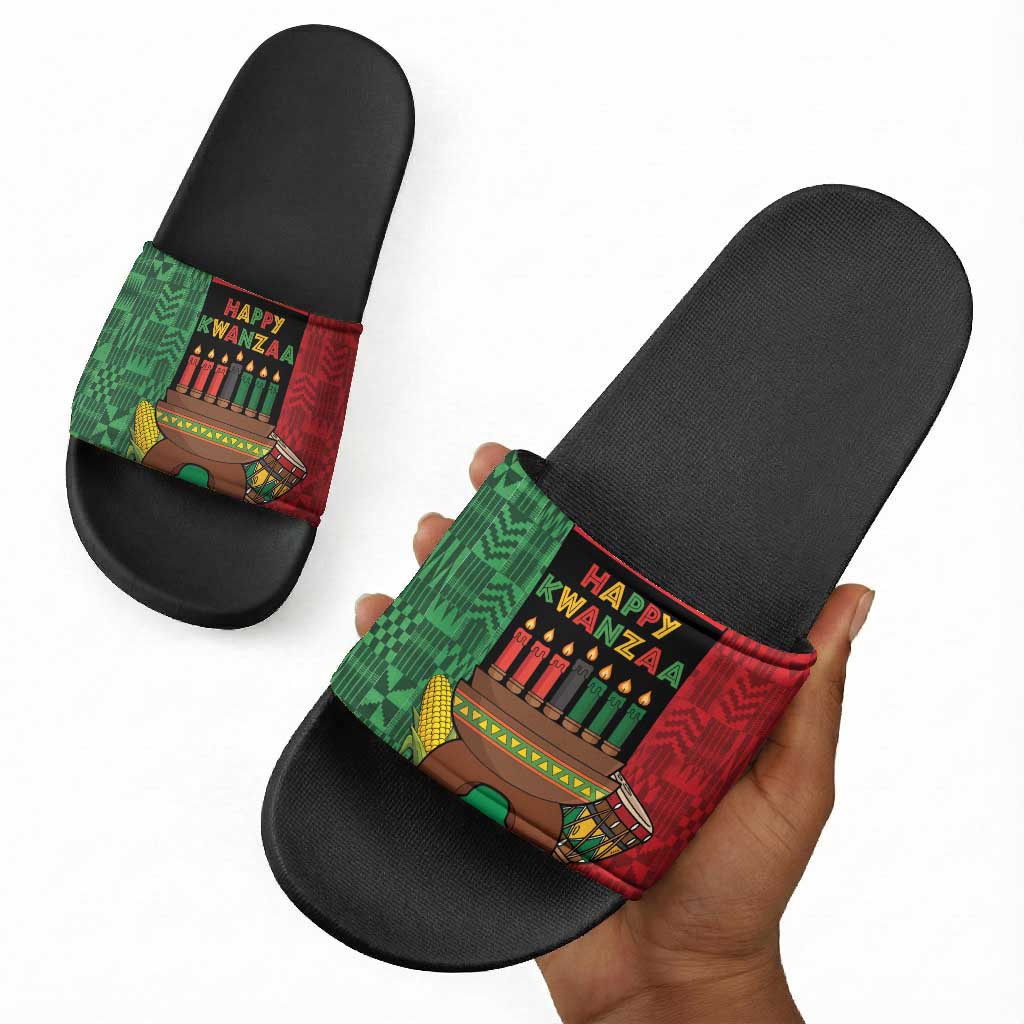 Happy Kwanzaa Slide Sandals Kinara With Kente Pattern