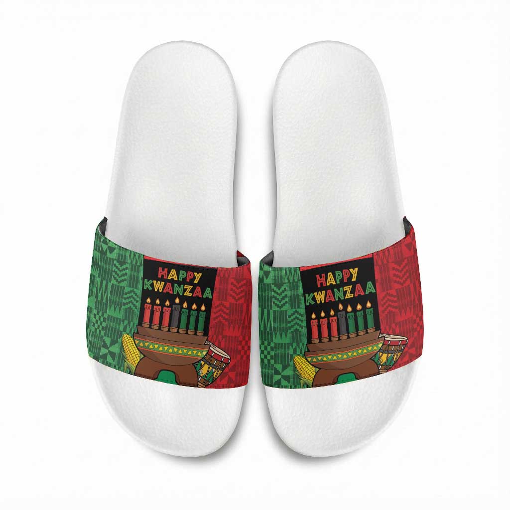 Happy Kwanzaa Slide Sandals Kinara With Kente Pattern