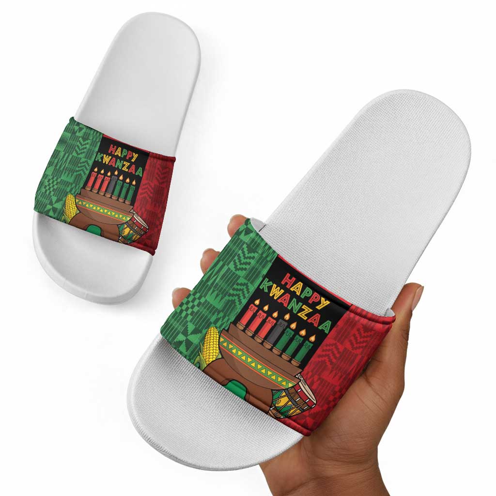 Happy Kwanzaa Slide Sandals Kinara With Kente Pattern