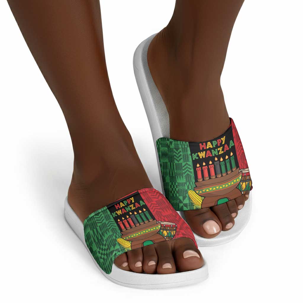 Happy Kwanzaa Slide Sandals Kinara With Kente Pattern