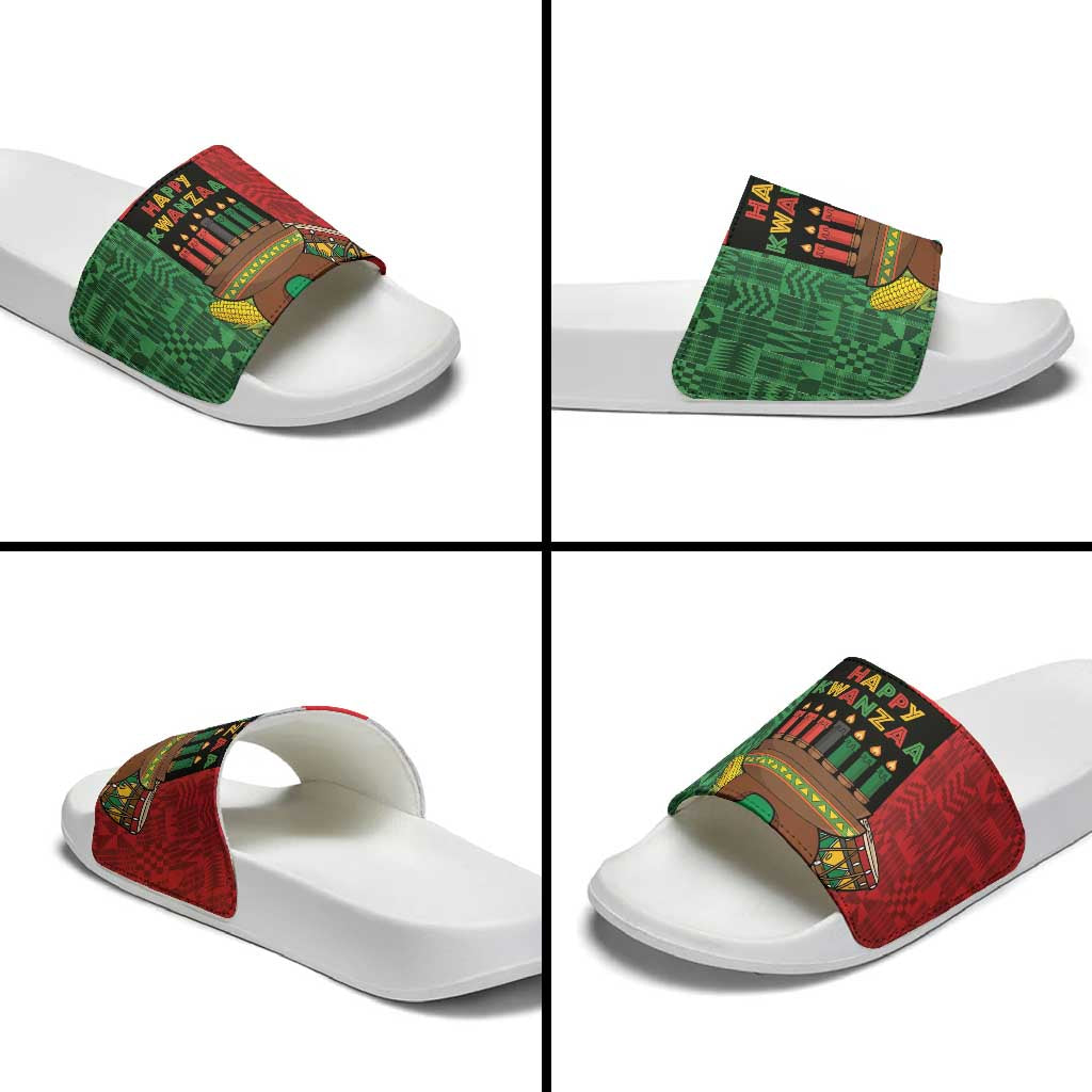 Happy Kwanzaa Slide Sandals Kinara With Kente Pattern