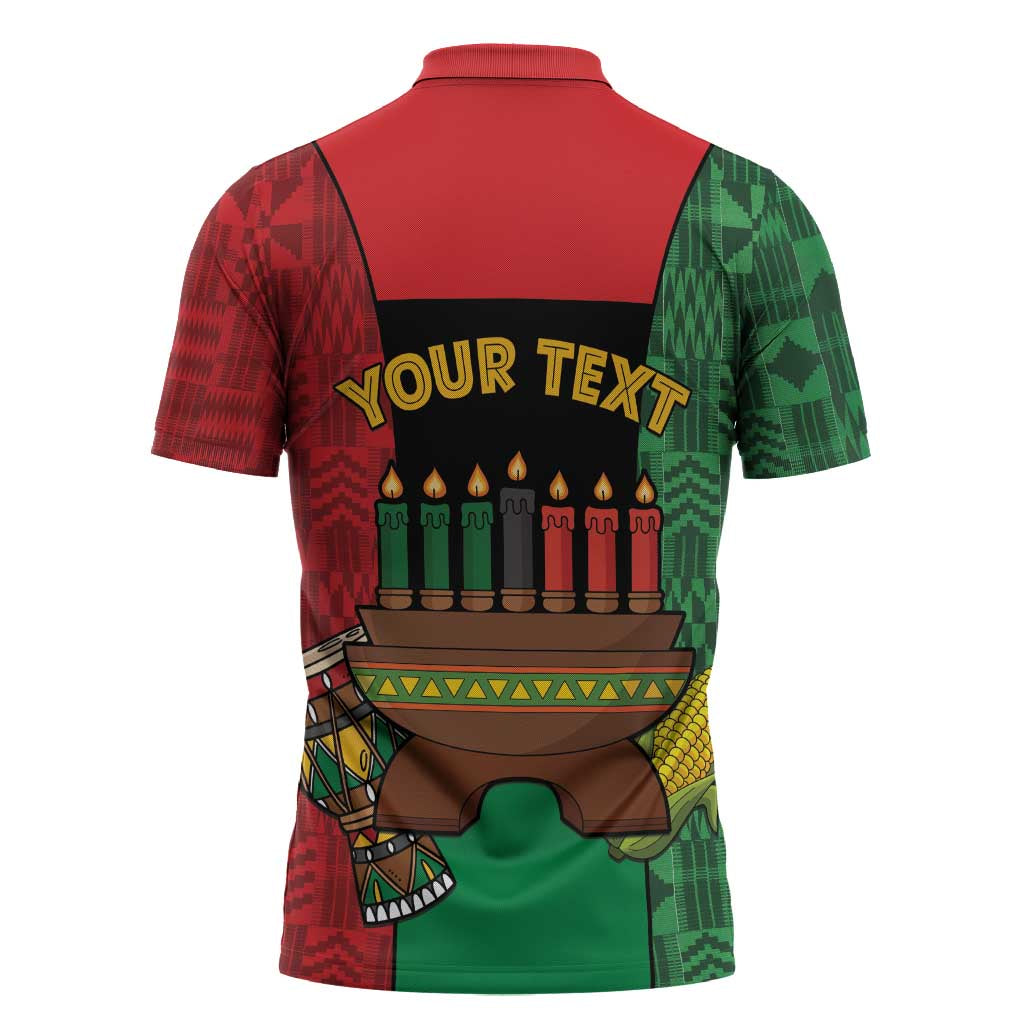Personalized Happy Kwanzaa Zipper Polo Shirt Kinara With Kente Pattern