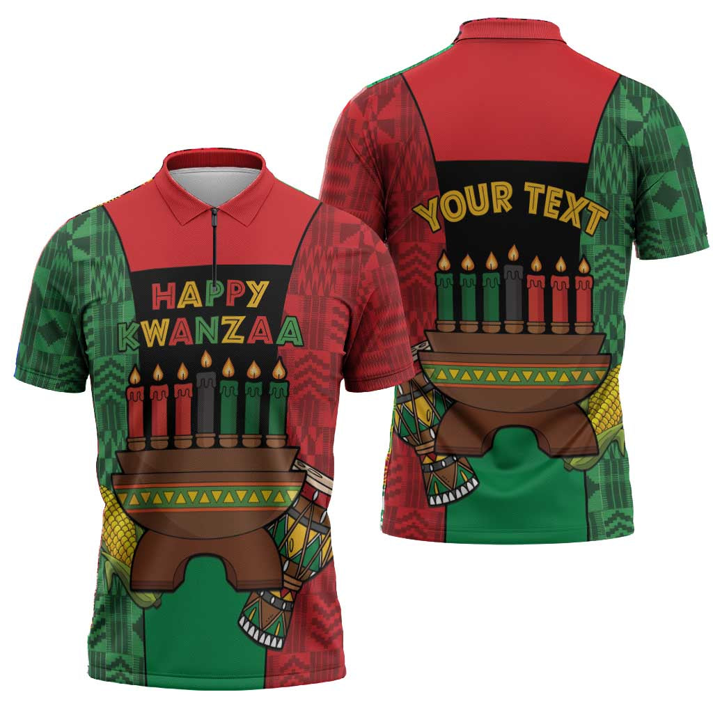 Personalized Happy Kwanzaa Zipper Polo Shirt Kinara With Kente Pattern