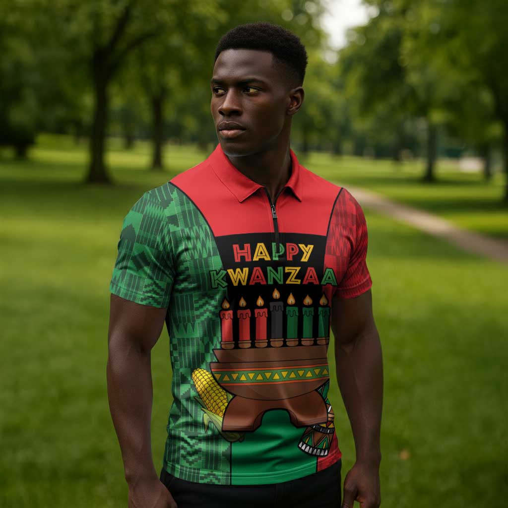 Personalized Happy Kwanzaa Zipper Polo Shirt Kinara With Kente Pattern