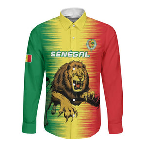 Custom Afro Senegal Football Long Sleeve Button Shirt Lions of Teranga - Flag Style