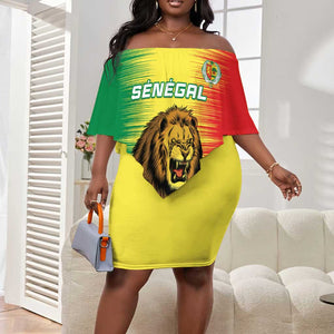 Custom Afro Senegal Football Off Shoulder Short Dress Lions of Teranga - Flag Style