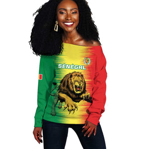 Custom Afro Senegal Football Off Shoulder Sweater Lions of Teranga - Flag Style