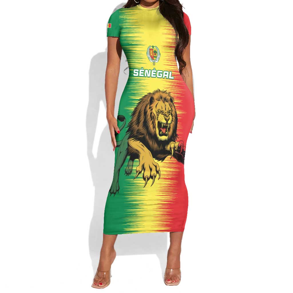 Custom Afro Senegal Football Short Sleeve Bodycon Dress Lions of Teranga - Flag Style