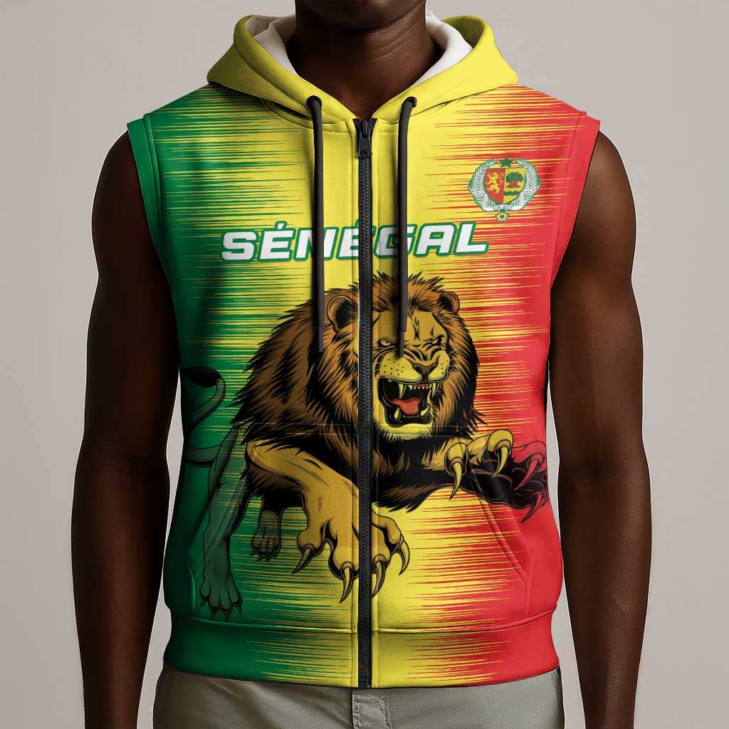 Custom Afro Senegal Football Sleeveless Zip Hoodie Lions of Teranga - Flag Style - African Pride