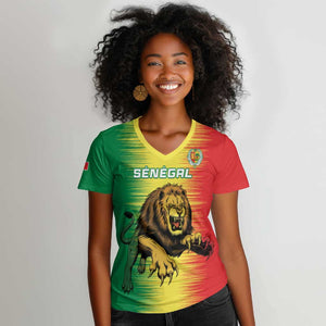 Custom Afro Senegal Football Women V-Neck T-Shirt Lions of Teranga - Flag Style