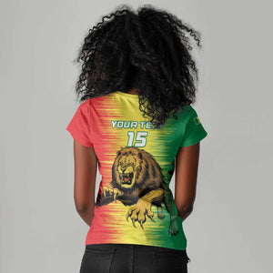 Custom Afro Senegal Football Women V-Neck T-Shirt Lions of Teranga - Flag Style