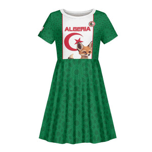 Custom Algeria Football Kid Short Sleeve Dress Fennec Foxes With Islamic Pattern