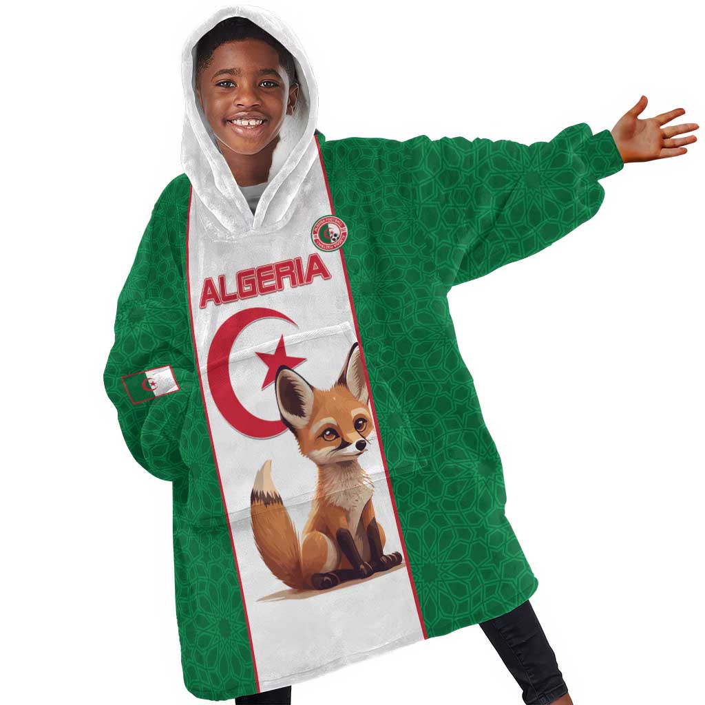 Custom Algeria Football Kid Wearable Blanket Hoodie Fennec Foxes With Islamic Pattern