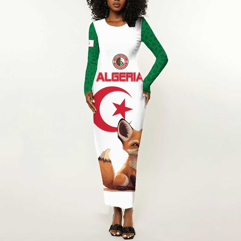 Custom Algeria Football Long Sleeve Bodycon Dress Fennec Foxes With Islamic Pattern