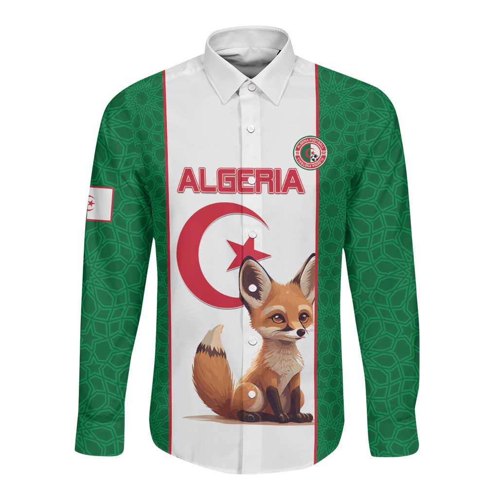 Custom Algeria Football Long Sleeve Button Shirt Fennec Foxes With Islamic Pattern