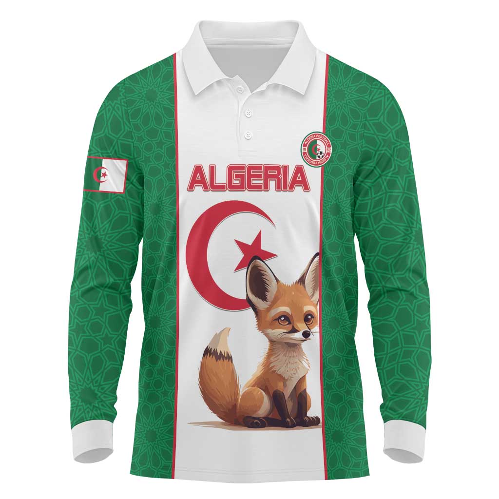 Custom Algeria Football Long Sleeve Polo Shirt Fennec Foxes With Islamic Pattern