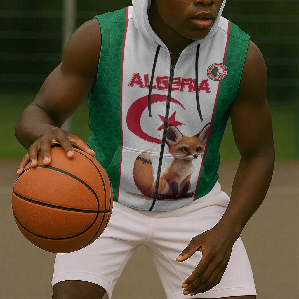 Custom Algeria Football Sleeveless Zip Hoodie Fennec Foxes With Islamic Pattern - African Pride
