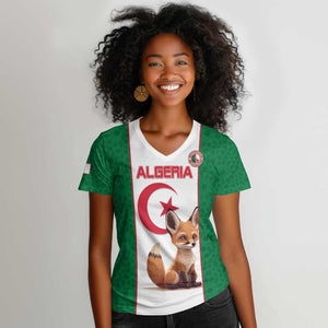 Custom Algeria Football Women V-Neck T-Shirt Fennec Foxes With Islamic Pattern