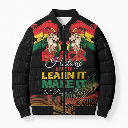 Personalized Ghana Black History Month Bomber Puffer Jacket Live It Learn It Make It - African Pride
