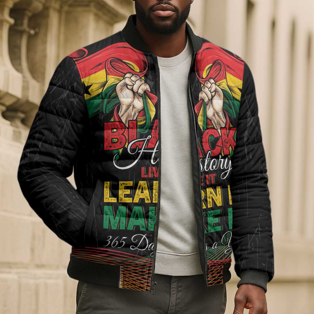 Personalized Ghana Black History Month Bomber Puffer Jacket Live It Learn It Make It - African Pride