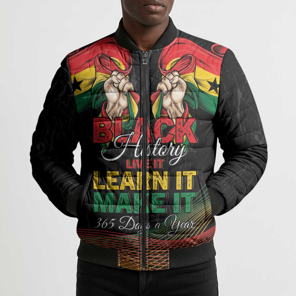 Personalized Ghana Black History Month Bomber Puffer Jacket Live It Learn It Make It - African Pride