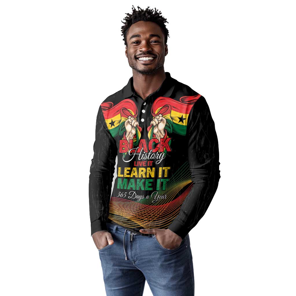 Personalized Ghana Black History Month Long Sleeve Polo Shirt Live It Learn It Make It - African Pride