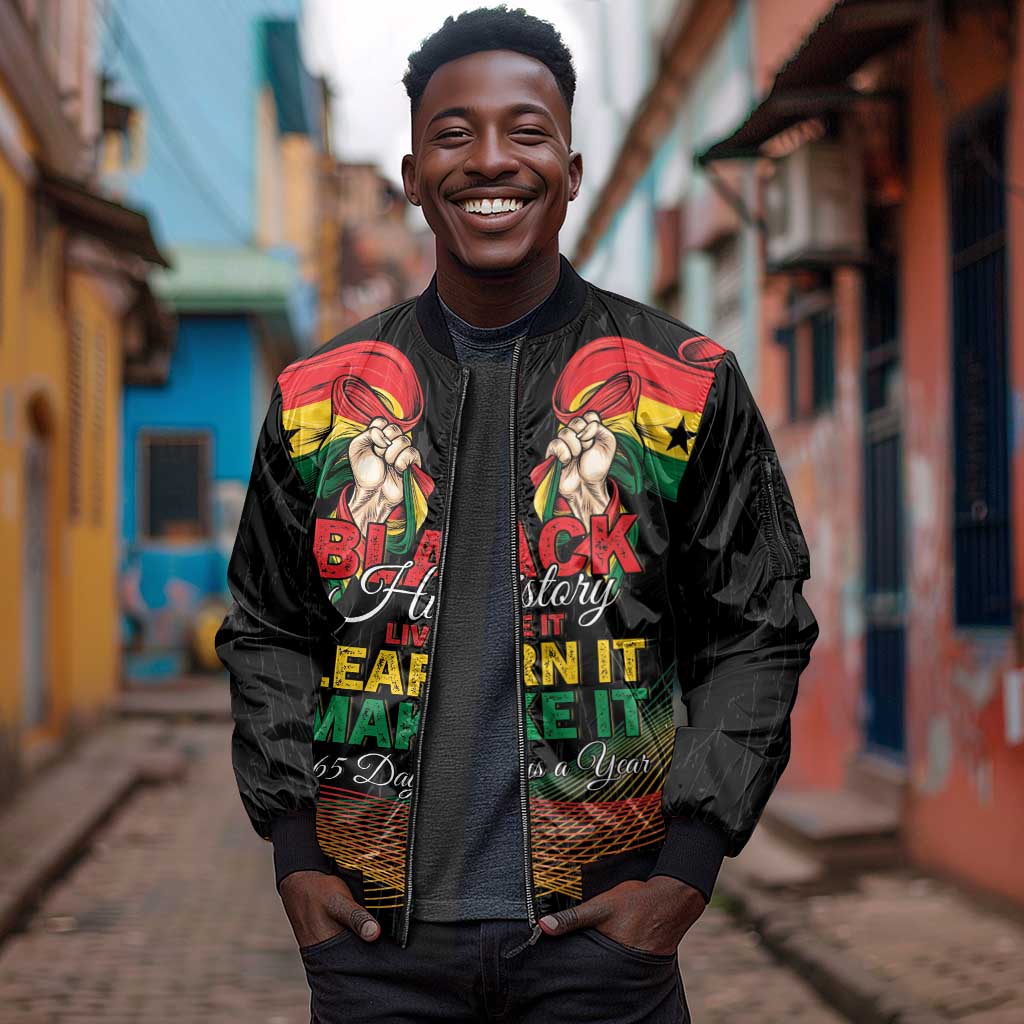 Personalized Ghana Black History Month Sleeve Zip Bomber Jacket Live It Learn It Make It - African Pride