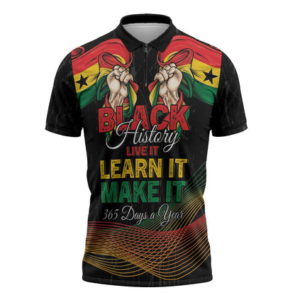 Personalized Ghana Black History Month Zipper Polo Shirt Live It Learn It Make It - African Pride