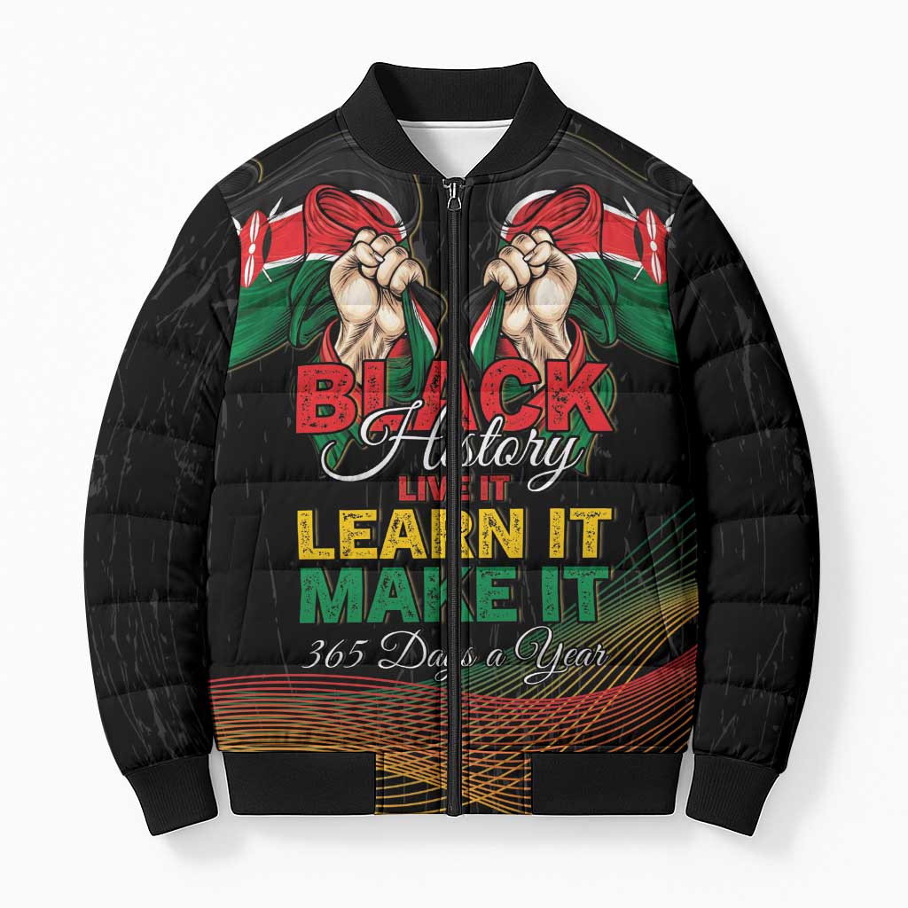 Personalized Kenya Black History Month Bomber Puffer Jacket Live It Learn It Make It - African Pride