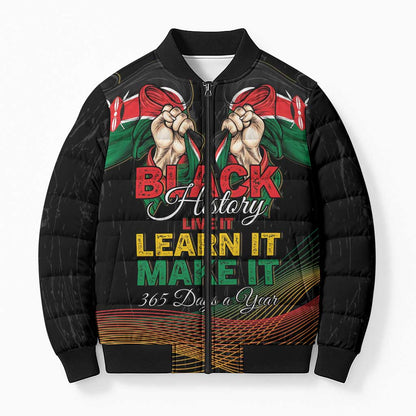 Personalized Kenya Black History Month Bomber Puffer Jacket Live It Learn It Make It - African Pride
