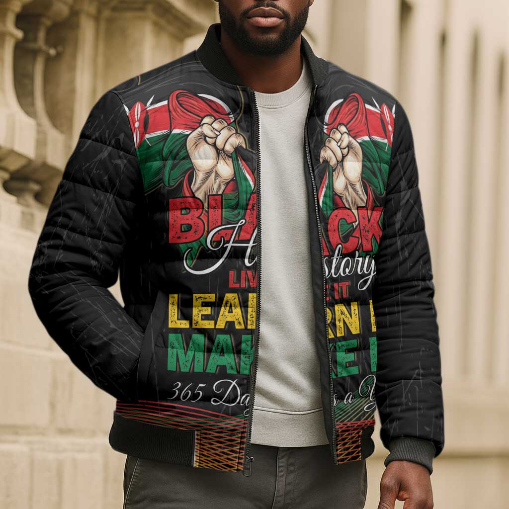 Personalized Kenya Black History Month Bomber Puffer Jacket Live It Learn It Make It - African Pride