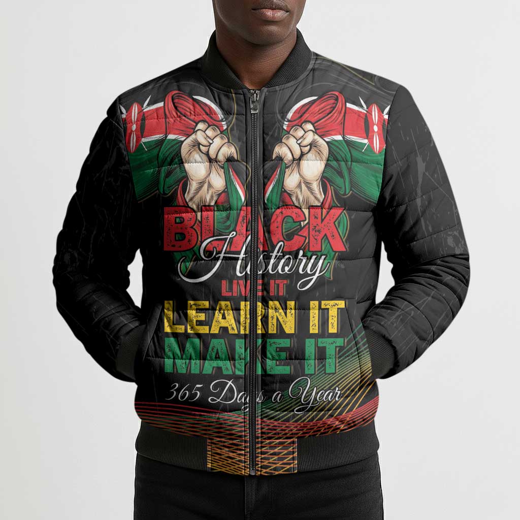 Personalized Kenya Black History Month Bomber Puffer Jacket Live It Learn It Make It - African Pride