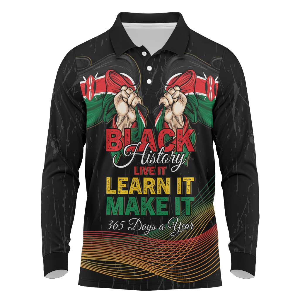 Personalized Kenya Black History Month Long Sleeve Polo Shirt Live It Learn It Make It - African Pride