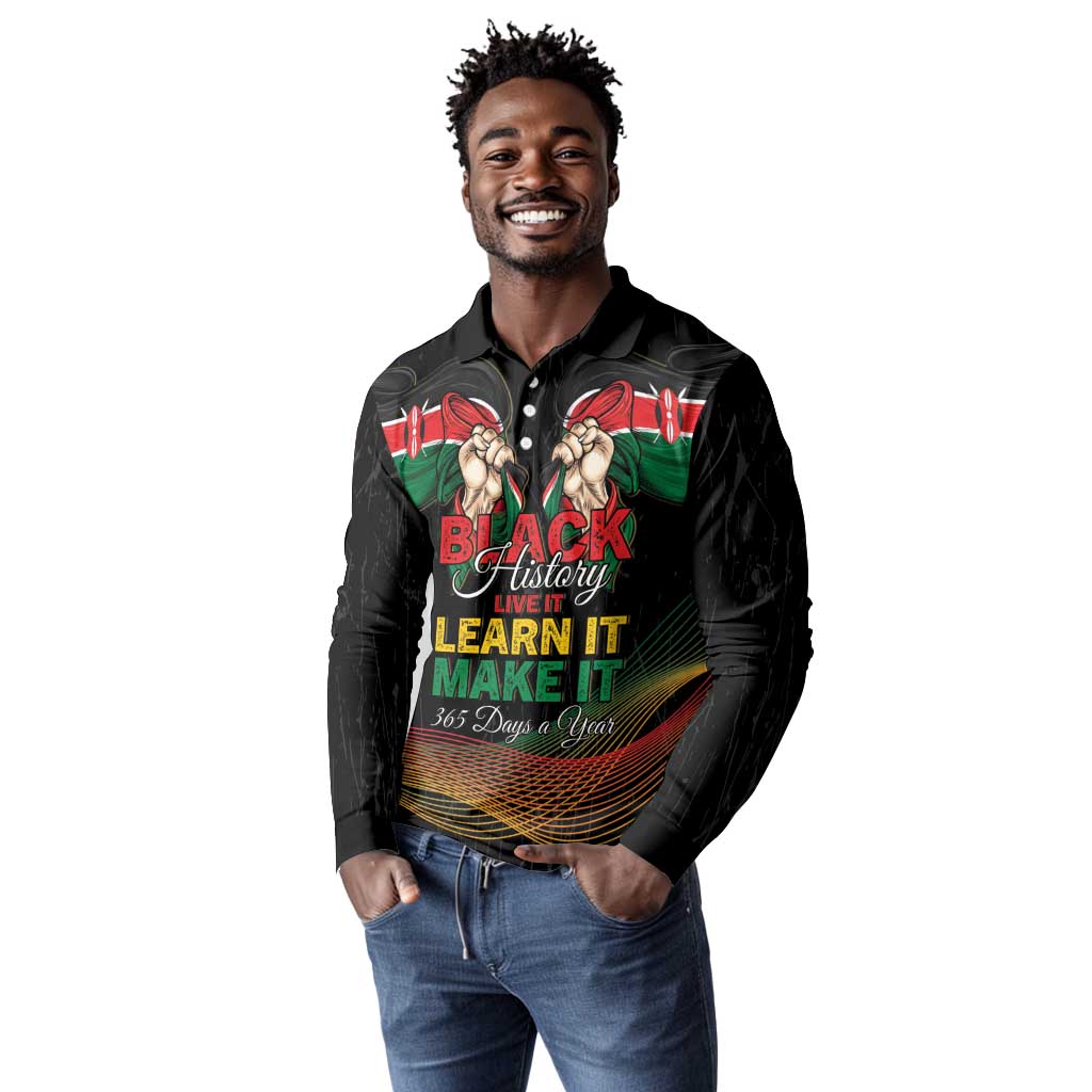 Personalized Kenya Black History Month Long Sleeve Polo Shirt Live It Learn It Make It - African Pride