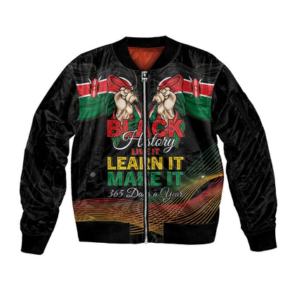 Personalized Kenya Black History Month Sleeve Zip Bomber Jacket Live It Learn It Make It - African Pride