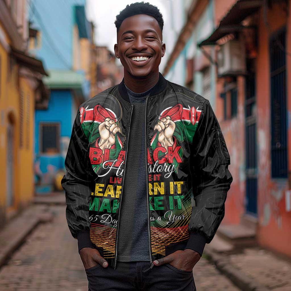 Personalized Kenya Black History Month Sleeve Zip Bomber Jacket Live It Learn It Make It - African Pride