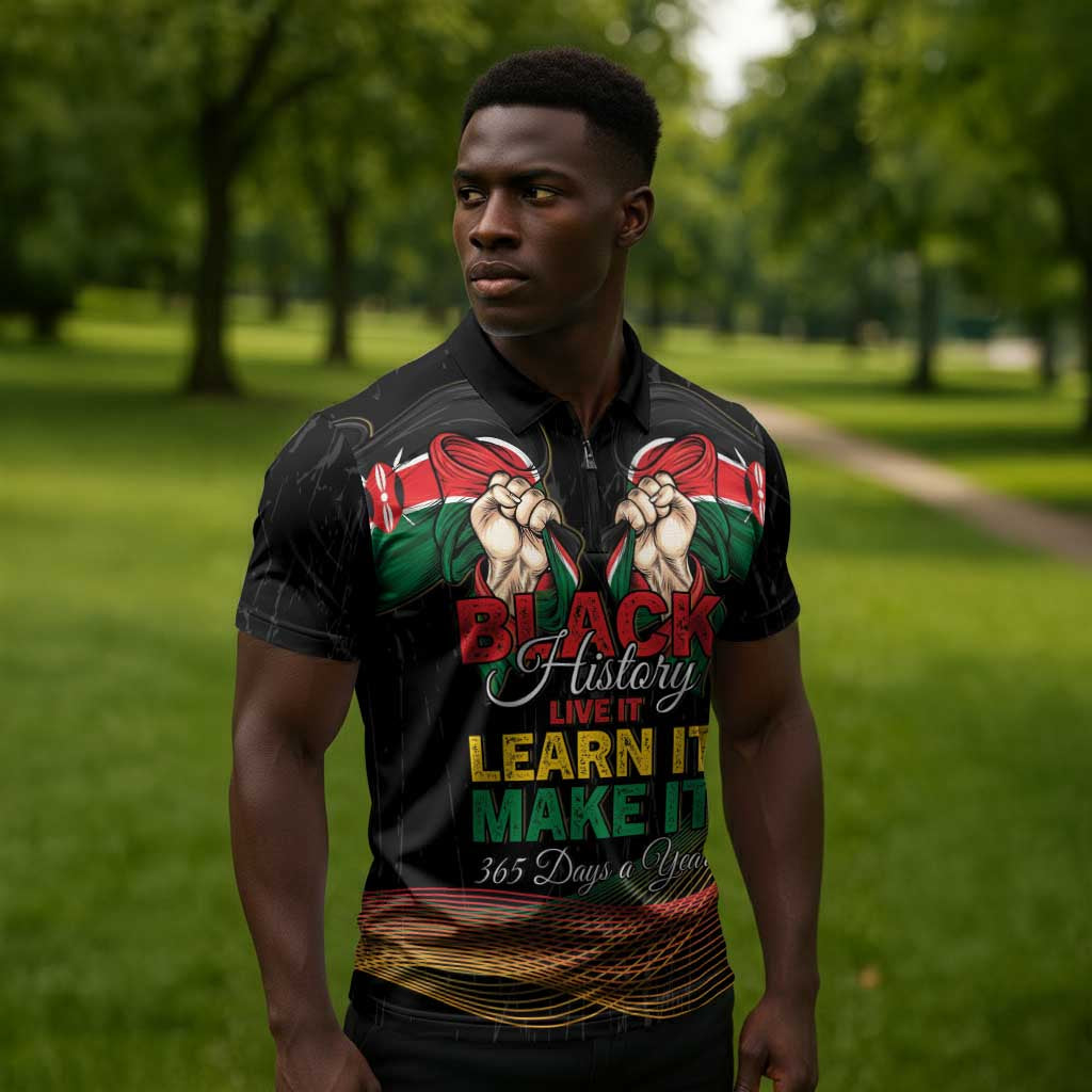 Personalized Kenya Black History Month Zipper Polo Shirt Live It Learn It Make It - African Pride