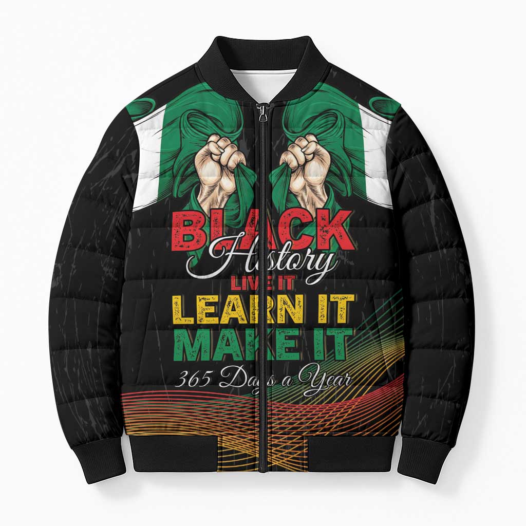 Personalized Nigeria Black History Month Bomber Puffer Jacket Live It Learn It Make It - African Pride