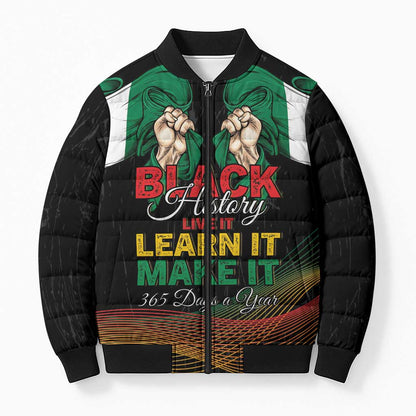 Personalized Nigeria Black History Month Bomber Puffer Jacket Live It Learn It Make It - African Pride