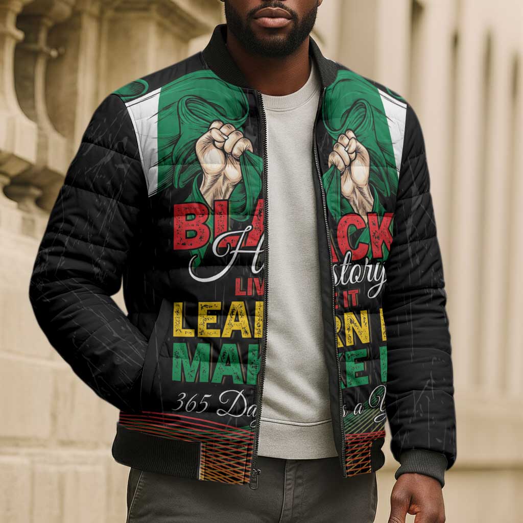 Personalized Nigeria Black History Month Bomber Puffer Jacket Live It Learn It Make It - African Pride