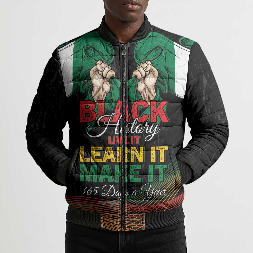 Personalized Nigeria Black History Month Bomber Puffer Jacket Live It Learn It Make It - African Pride