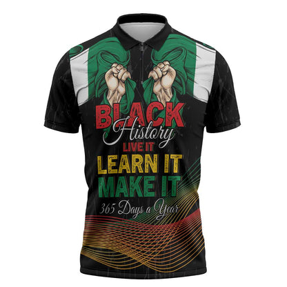 Personalized Nigeria Black History Month Zipper Polo Shirt Live It Learn It Make It - African Pride