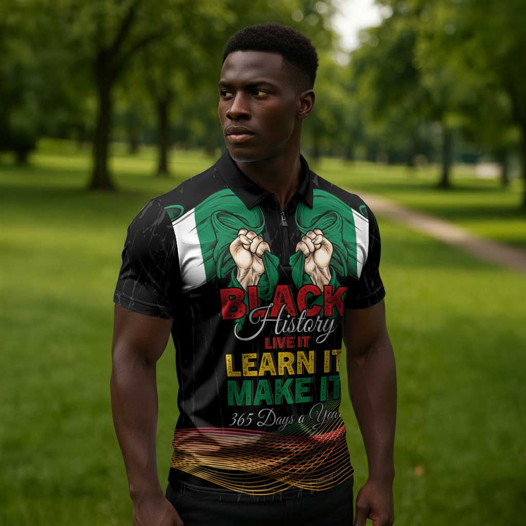Personalized Nigeria Black History Month Zipper Polo Shirt Live It Learn It Make It - African Pride